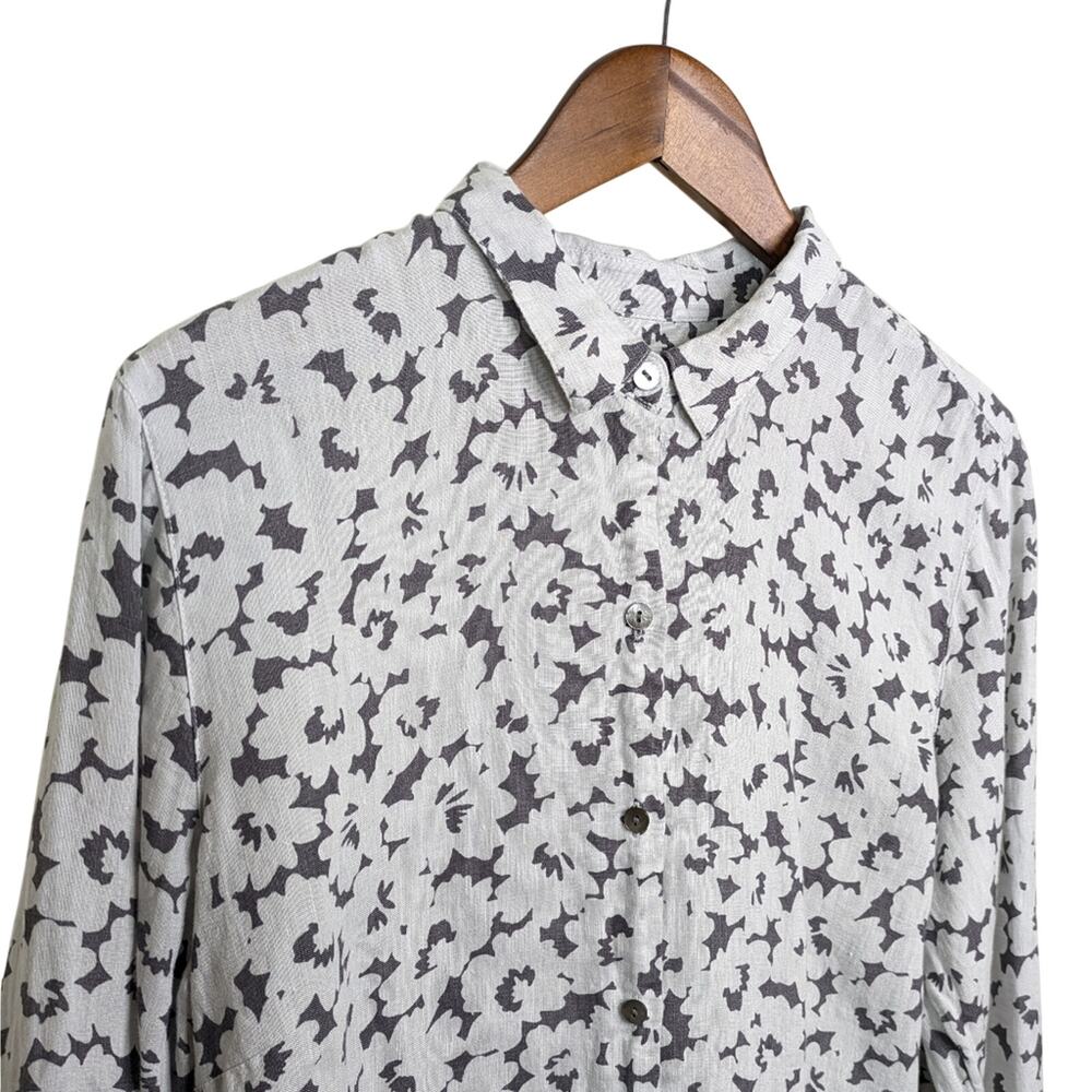 J. Jill Love Linen Button Top Large Gray Daisy Floral Casual Coastal Resort